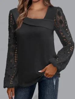 Discount Women's White Elegant Lace Tops Eyelet Blouse Casual Solid Color Regular Tops Long Sleeve Asymmetrical Lace Patchwork Regular Fit Daily Black White Pink Romantic Petite Tops Summer Holiday Wear Women Lace Tops