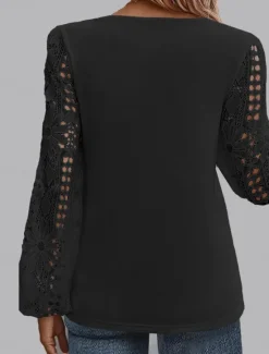 Discount Women's White Elegant Lace Tops Eyelet Blouse Casual Solid Color Regular Tops Long Sleeve Asymmetrical Lace Patchwork Regular Fit Daily Black White Pink Romantic Petite Tops Summer Holiday Wear Women Lace Tops