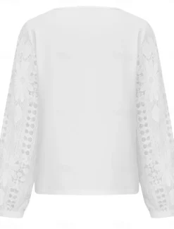 Discount Women's White Elegant Lace Tops Eyelet Blouse Casual Solid Color Regular Tops Long Sleeve Asymmetrical Lace Patchwork Regular Fit Daily Black White Pink Romantic Petite Tops Summer Holiday Wear Women Lace Tops