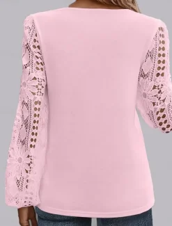 Discount Women's White Elegant Lace Tops Eyelet Blouse Casual Solid Color Regular Tops Long Sleeve Asymmetrical Lace Patchwork Regular Fit Daily Black White Pink Romantic Petite Tops Summer Holiday Wear Women Lace Tops