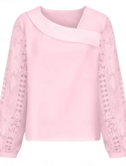 Discount Women's White Elegant Lace Tops Eyelet Blouse Casual Solid Color Regular Tops Long Sleeve Asymmetrical Lace Patchwork Regular Fit Daily Black White Pink Romantic Petite Tops Summer Holiday Wear Women Lace Tops