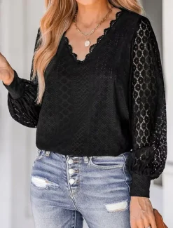 Sale Women's White Elegant Lace Tops Eyelet Blouse Dressy Tops Plain Lace Cut Out Street Daily Fashion V Neck Regular Fit Romantic Petite Tops Summer Holiday Wear Black White Women Lace Tops