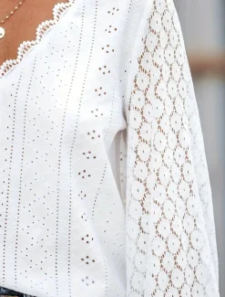 Sale Women's White Elegant Lace Tops Eyelet Blouse Dressy Tops Plain Lace Cut Out Street Daily Fashion V Neck Regular Fit Romantic Petite Tops Summer Holiday Wear Black White Women Lace Tops
