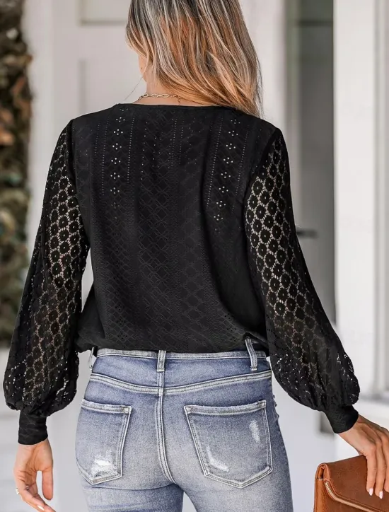 Sale Women's White Elegant Lace Tops Eyelet Blouse Dressy Tops Plain Lace Cut Out Street Daily Fashion V Neck Regular Fit Romantic Petite Tops Summer Holiday Wear Black White Women Lace Tops