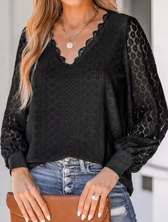 Sale Women's White Elegant Lace Tops Eyelet Blouse Dressy Tops Plain Lace Cut Out Street Daily Fashion V Neck Regular Fit Romantic Petite Tops Summer Holiday Wear Black White Women Lace Tops