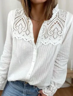 Online Women's White Elegant Lace Tops Eyelet Blouse Casual Solid Color Regular Tops Long Sleeve Shirt Collar Buttons Regular Fit Daily Romantic Petite Tops Summer Holiday Wear White Pink Blue Women Lace Tops