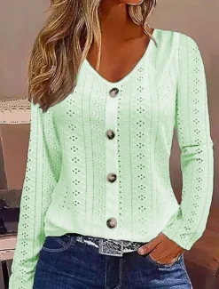 Women's White Elegant Lace Tops Eyelet Blouse Dressy Tops Fashion Basic Buttons Long Sleeve Regular Tops V Neck Casual Romantic Petite Tops Summer Holiday Wear White Light Green Light Blue Fall Women Lace Tops