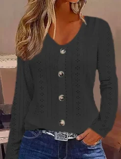 Women's White Elegant Lace Tops Eyelet Blouse Dressy Tops Fashion Basic Buttons Long Sleeve Regular Tops V Neck Casual Romantic Petite Tops Summer Holiday Wear White Light Green Light Blue Fall Women Lace Tops