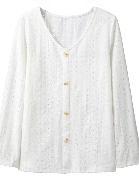 Women's White Elegant Lace Tops Eyelet Blouse Dressy Tops Fashion Basic Buttons Long Sleeve Regular Tops V Neck Casual Romantic Petite Tops Summer Holiday Wear White Light Green Light Blue Fall Women Lace Tops