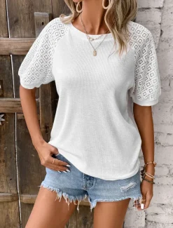 Discount Women's Elegant Lace Tops Eyelet Blouse Plain Lace Street Daily Romantic Petite Tops Summer Holiday Wear Fashion Round Neck Regular Fit Semi Formal Blouses Women Lace Tops