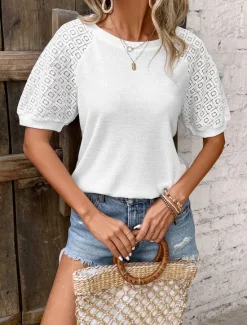 Discount Women's Elegant Lace Tops Eyelet Blouse Plain Lace Street Daily Romantic Petite Tops Summer Holiday Wear Fashion Round Neck Regular Fit Semi Formal Blouses Women Lace Tops