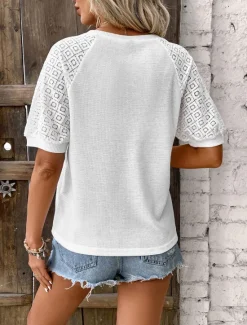 Discount Women's Elegant Lace Tops Eyelet Blouse Plain Lace Street Daily Romantic Petite Tops Summer Holiday Wear Fashion Round Neck Regular Fit Semi Formal Blouses Women Lace Tops