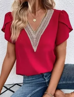 Clearance Women's White Elegant Lace Tops Eyelet Blouse Casual Solid Color Regular Tops Short Sleeve V Neck Lace Patchwork Regular Fit Daily White Red Romantic Petite Tops Summer Holiday Wear Women Lace Tops