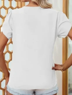 Clearance Women's White Elegant Lace Tops Eyelet Blouse Casual Solid Color Regular Tops Short Sleeve V Neck Lace Patchwork Regular Fit Daily White Red Romantic Petite Tops Summer Holiday Wear Women Lace Tops
