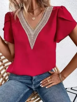 Clearance Women's White Elegant Lace Tops Eyelet Blouse Casual Solid Color Regular Tops Short Sleeve V Neck Lace Patchwork Regular Fit Daily White Red Romantic Petite Tops Summer Holiday Wear Women Lace Tops