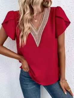 Clearance Women's White Elegant Lace Tops Eyelet Blouse Casual Solid Color Regular Tops Short Sleeve V Neck Lace Patchwork Regular Fit Daily White Red Romantic Petite Tops Summer Holiday Wear Women Lace Tops