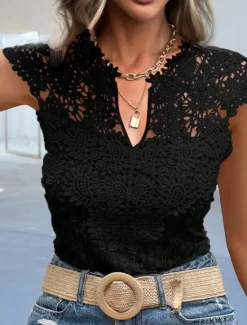 Sale Women's White Elegant Lace Tops Eyelet Blouse Plain Lace Street Daily Fashion V Neck Regular Fit Romantic Sexy Petite Tops Summer Holiday Wear Black White Beige Women Lace Tops