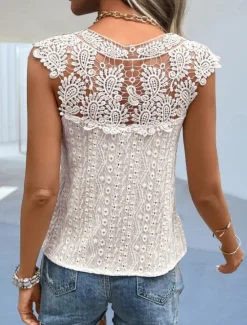 Sale Women's White Elegant Lace Tops Eyelet Blouse Plain Lace Street Daily Fashion V Neck Regular Fit Romantic Sexy Petite Tops Summer Holiday Wear Black White Beige Women Lace Tops