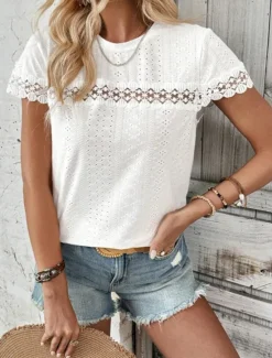 Clearance Women's Elegant Lace Tops Eyelet Blouse Fashion Plain Regular Tops Short Sleeve Crew Neck Lace Regular Fit Vacation Daily Romantic Petite Tops Summer Holiday Wear Summer Women Lace Tops