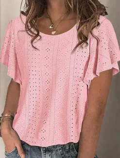 Hot Women's White Elegant Lace Tops Eyelet Blouse Stylish Casual Solid Color Butterfly Sleeve Short Sleeve Regular Tops Crew Neck Daily Romantic Petite Tops Summer Holiday Wear White Pink Purple Green Women Lace Tops