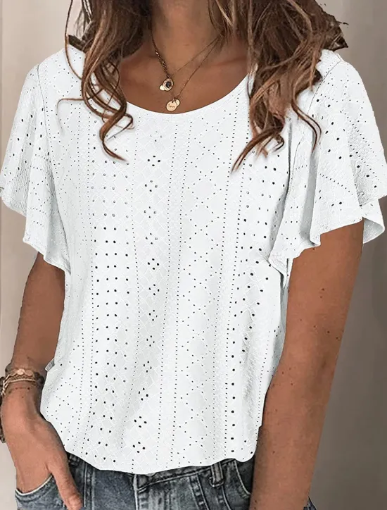 Hot Women's White Elegant Lace Tops Eyelet Blouse Stylish Casual Solid Color Butterfly Sleeve Short Sleeve Regular Tops Crew Neck Daily Romantic Petite Tops Summer Holiday Wear White Pink Purple Green Women Lace Tops