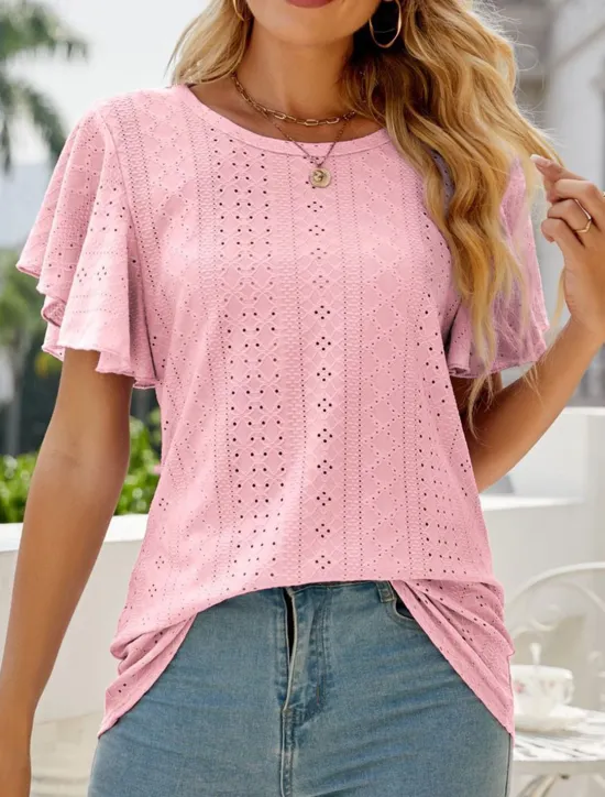 Hot Women's White Elegant Lace Tops Eyelet Blouse Stylish Casual Solid Color Butterfly Sleeve Short Sleeve Regular Tops Crew Neck Daily Romantic Petite Tops Summer Holiday Wear White Pink Purple Green Women Lace Tops