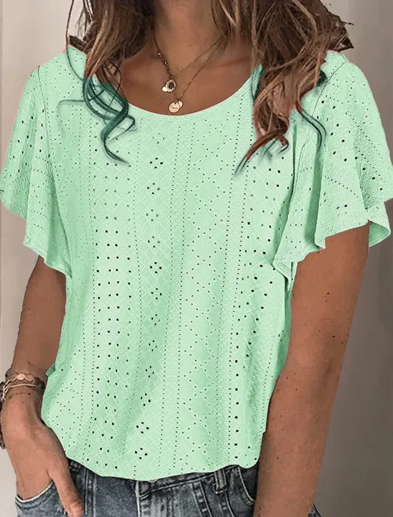 Hot Women's White Elegant Lace Tops Eyelet Blouse Stylish Casual Solid Color Butterfly Sleeve Short Sleeve Regular Tops Crew Neck Daily Romantic Petite Tops Summer Holiday Wear White Pink Purple Green Women Lace Tops