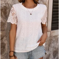 New Women's Elegant Lace Tops Eyelet Blouse Short Sleeve Crew Neck Solid Color Plain Romantic Petite Tops Summer Holiday Wear Semi Formal Blouses Women Lace Tops
