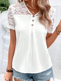 Online Women's Elegant Lace Tops Eyelet Blouse Casual Solid Color Regular Tops Short Sleeve V Neck Lace Patchwork Buttons Regular Fit Daily Romantic Petite Tops Summer Holiday Wear Women Lace Tops