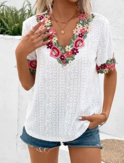 Clearance Women's White Elegant Lace Tops Eyelet Blouse Fashion Modern Casual Plain Regular Tops Short Sleeve V Neck Embroidered Regular Fit Weekend Romantic Petite Tops Summer Holiday Wear Pink Summer Spring Women Lace Tops