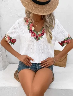 Clearance Women's White Elegant Lace Tops Eyelet Blouse Fashion Modern Casual Plain Regular Tops Short Sleeve V Neck Embroidered Regular Fit Weekend Romantic Petite Tops Summer Holiday Wear Pink Summer Spring Women Lace Tops