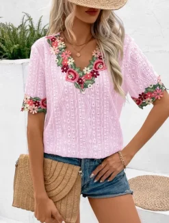 Clearance Women's White Elegant Lace Tops Eyelet Blouse Fashion Modern Casual Plain Regular Tops Short Sleeve V Neck Embroidered Regular Fit Weekend Romantic Petite Tops Summer Holiday Wear Pink Summer Spring Women Lace Tops