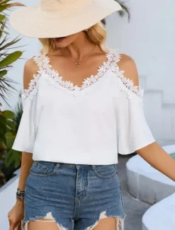 Online Women's White Elegant Lace Tops Eyelet Sexy Blouse Casual Solid Color Regular Tops Short Sleeve Strap Lace Patchwork Regular Fit Daily Romantic Petite Tops Summer Holiday Wear Black White Women Lace Tops