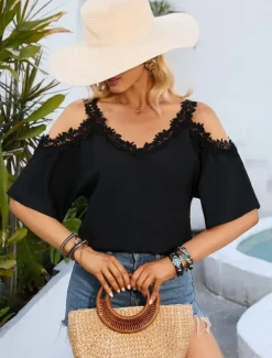Online Women's White Elegant Lace Tops Eyelet Sexy Blouse Casual Solid Color Regular Tops Short Sleeve Strap Lace Patchwork Regular Fit Daily Romantic Petite Tops Summer Holiday Wear Black White Women Lace Tops