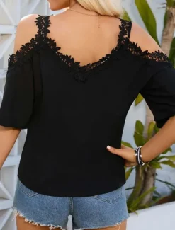 Online Women's White Elegant Lace Tops Eyelet Sexy Blouse Casual Solid Color Regular Tops Short Sleeve Strap Lace Patchwork Regular Fit Daily Romantic Petite Tops Summer Holiday Wear Black White Women Lace Tops