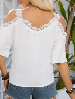 Online Women's White Elegant Lace Tops Eyelet Sexy Blouse Casual Solid Color Regular Tops Short Sleeve Strap Lace Patchwork Regular Fit Daily Romantic Petite Tops Summer Holiday Wear Black White Women Lace Tops