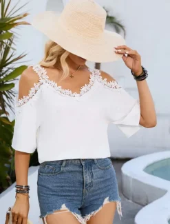 Online Women's White Elegant Lace Tops Eyelet Sexy Blouse Casual Solid Color Regular Tops Short Sleeve Strap Lace Patchwork Regular Fit Daily Romantic Petite Tops Summer Holiday Wear Black White Women Lace Tops