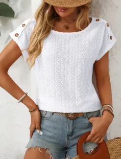 Discount Women's White Elegant Lace Tops Eyelet Blouse Fashion Modern Plain Regular Tops Short Sleeve Crew Neck Buttons Regular Fit Daily Weekend Romantic Petite Tops Summer Holiday Wear Orange Summer Spring Women Lace Tops