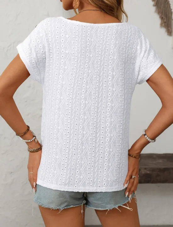 Discount Women's White Elegant Lace Tops Eyelet Blouse Fashion Modern Plain Regular Tops Short Sleeve Crew Neck Buttons Regular Fit Daily Weekend Romantic Petite Tops Summer Holiday Wear Orange Summer Spring Women Lace Tops