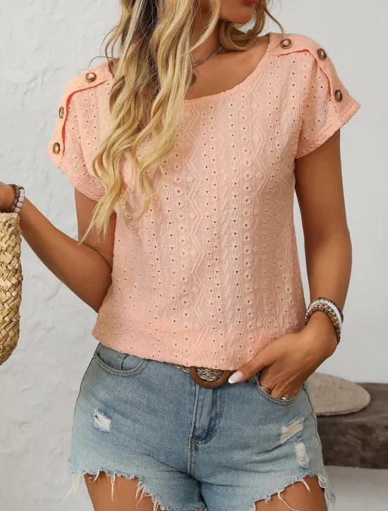 Discount Women's White Elegant Lace Tops Eyelet Blouse Fashion Modern Plain Regular Tops Short Sleeve Crew Neck Buttons Regular Fit Daily Weekend Romantic Petite Tops Summer Holiday Wear Orange Summer Spring Women Lace Tops