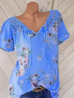Hot Women's White Elegant Lace Tops Eyelet Blouse Basic Floral Lace up Print Short Sleeve Regular Tops V Neck Casual Romantic Petite Tops Summer Holiday Wear White Pink Blue Orange Green Women Lace Tops