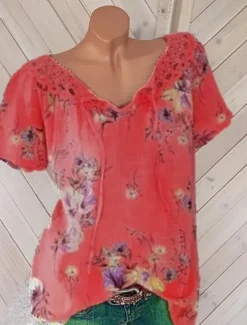 Hot Women's White Elegant Lace Tops Eyelet Blouse Basic Floral Lace up Print Short Sleeve Regular Tops V Neck Casual Romantic Petite Tops Summer Holiday Wear White Pink Blue Orange Green Women Lace Tops