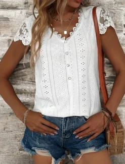Women's Elegant Lace Tops Eyelet Blouse Casual Solid Color Regular Tops Short Sleeve V Neck Lace Patchwork Buttons Regular Fit Daily Romantic Petite Tops Summer Holiday Wear Women Lace Tops