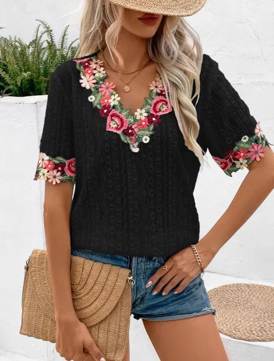 Online Women's White Elegant Lace Tops Eyelet Blouse Floral Embroidery V-Neck Half Sleeve White Summer Casual Outdoor Everyday Wear Romantic Petite Tops Summer Holiday Wear Women Spring Tops