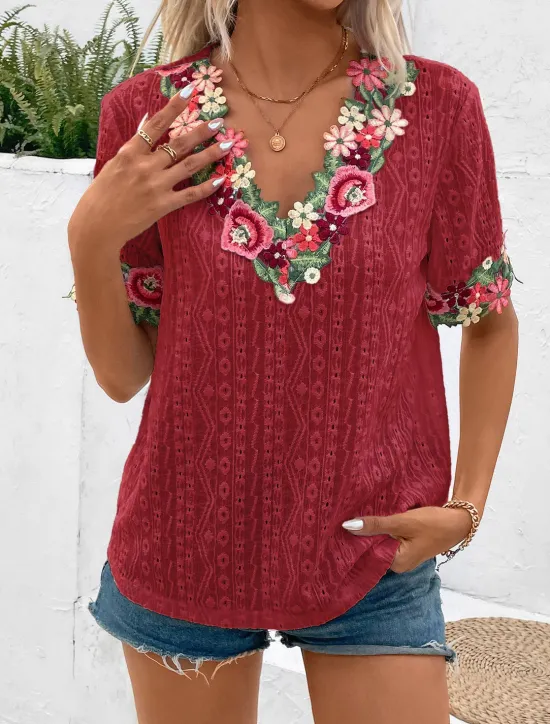 Online Women's White Elegant Lace Tops Eyelet Blouse Floral Embroidery V-Neck Half Sleeve White Summer Casual Outdoor Everyday Wear Romantic Petite Tops Summer Holiday Wear Women Spring Tops