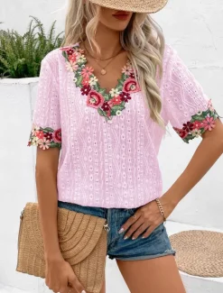 Online Women's White Elegant Lace Tops Eyelet Blouse Floral Embroidery V-Neck Half Sleeve White Summer Casual Outdoor Everyday Wear Romantic Petite Tops Summer Holiday Wear Women Spring Tops