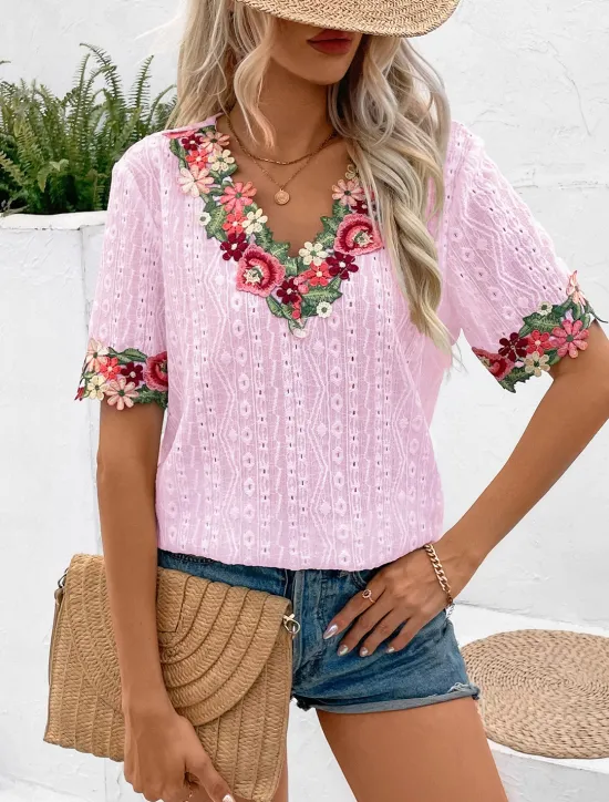 Online Women's White Elegant Lace Tops Eyelet Blouse Floral Embroidery V-Neck Half Sleeve White Summer Casual Outdoor Everyday Wear Romantic Petite Tops Summer Holiday Wear Women Spring Tops
