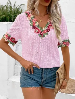 Online Women's White Elegant Lace Tops Eyelet Blouse Floral Embroidery V-Neck Half Sleeve White Summer Casual Outdoor Everyday Wear Romantic Petite Tops Summer Holiday Wear Women Spring Tops