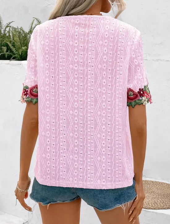 Online Women's White Elegant Lace Tops Eyelet Blouse Floral Embroidery V-Neck Half Sleeve White Summer Casual Outdoor Everyday Wear Romantic Petite Tops Summer Holiday Wear Women Spring Tops