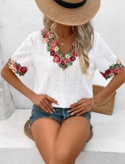 Online Women's White Elegant Lace Tops Eyelet Blouse Floral Embroidery V-Neck Half Sleeve White Summer Casual Outdoor Everyday Wear Romantic Petite Tops Summer Holiday Wear Women Spring Tops